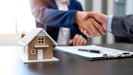 Handshake on Real Estate Deal with Miniature House Model