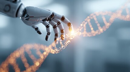 Robot hand touching dna strand concept