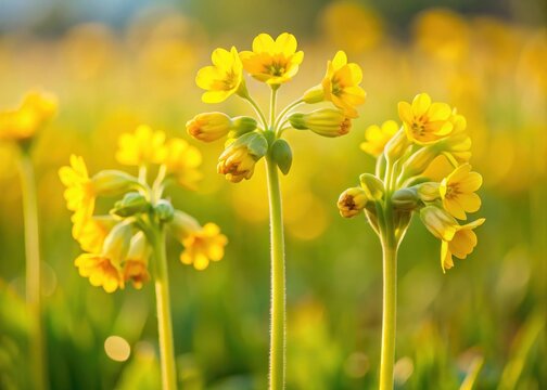 Three stems with bright yellow flowers of the cowslip plant growing in a field