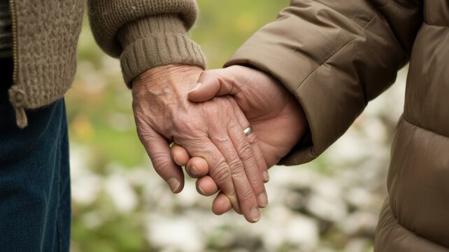 Forever Bond: Two hands clasped together, a testament to the enduring power of love and companionship, highlighting the gentle touch of aged skin and the strength of a lasting relationship.