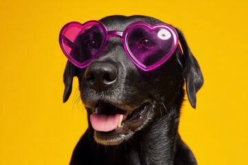 Adorable black canine wearing bright pink heart shaped eyeglasses against a vibrant background