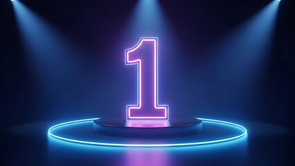 Neon number one on circular platform with spotlights circle