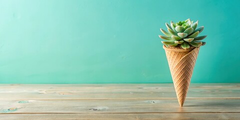 Pastel colors background with a succulent plant in an ice cream cone on a wooden table