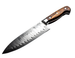 Chef knife with wooden handle and hammered blade.
