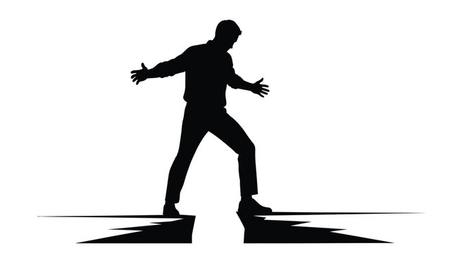 Silhouette of a determined businessman carefully bridging a physical gap or chasm with outstretched arms symbolizing risk assessment and making a giant leap of faith toward success
