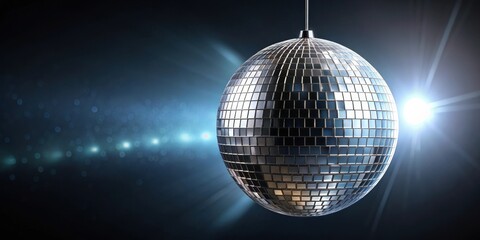 Obraz premium Sparkling silver disco mirror ball suspended in mid-air against a dark background
