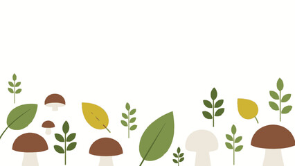 Autumnal forest floor border design with stylized mushrooms and fall leaves on white background