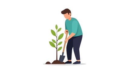 Man planting a young tree in the soil, symbolizing environmental care and nature conservation