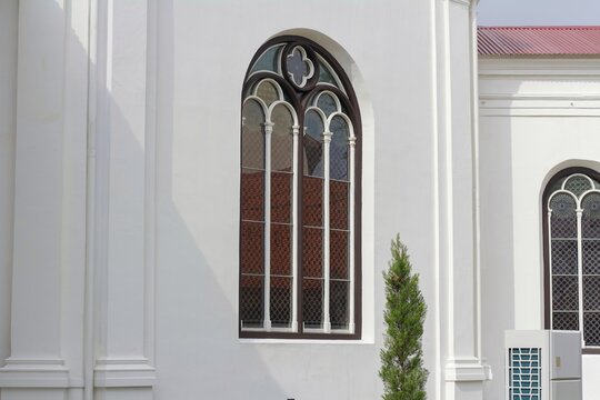 a stained-glass window at the Blenduk Church in Semarang, Indonesia. 