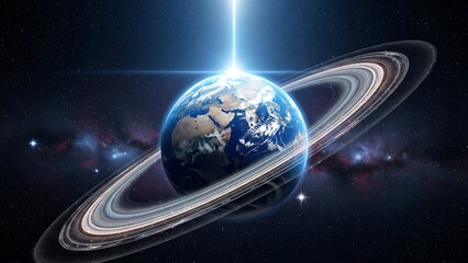 Earth with glowing ring system in space with starlight planet rings stars
