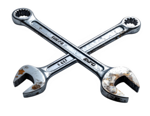 Crossed metal wrenches in a workshop setting.