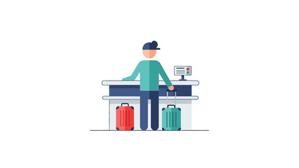 Traveler Checking In at Hotel Front Desk with Luggage, Professional Hospitality Service Illustration
