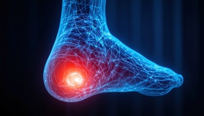 Glowing red pain point on heel with blue neural network lines