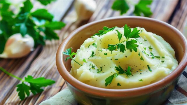 Creamy mashed potatoes in a bowl, garnished with fresh herbs and toasted seasoning.