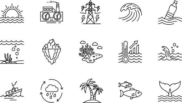 Ocean environmental line icons set illustrating marine pollution climate change renewable energy waves wildlife sustainability ecosystem conservation nature awareness symbols