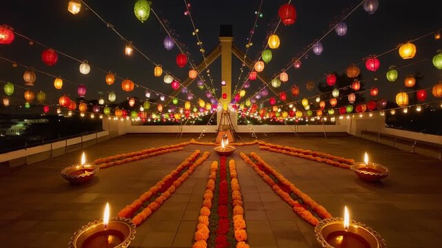 A serene nighttime scene with lit diyas and flower petals arranged in a symmetrical pattern on a rooftop surrounded by colorful lanterns.