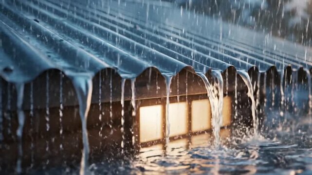 A serene rain scene capturing water cascading from a roof onto a glowing lantern below
