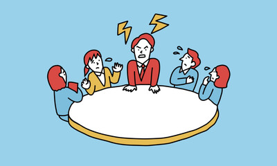 不機嫌な上司・同僚がいてオープンな意見交換ができないビジネスチームのイラスト