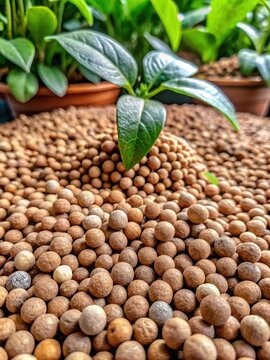 Small balls of lightweight expanded clay aggregate used as a substrate for small plants in terrariums and glasshouses