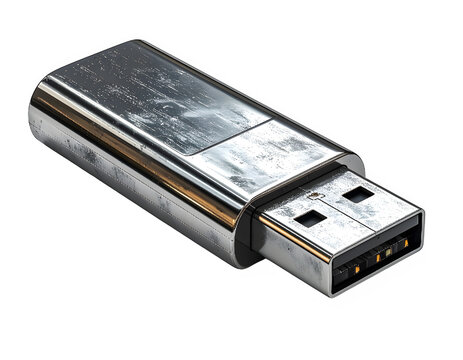 Metal USB flash drive close up view.