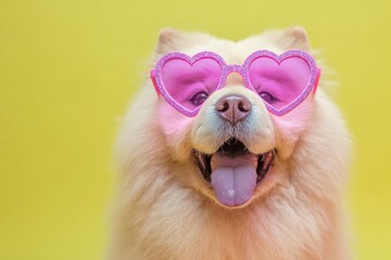 Fluffy canine companion wears oversized sparkling pink heart shaped eyewear against a vibrant background