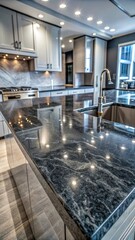 Dark grey granite countertop with intricate veins and subtle bluish undertones