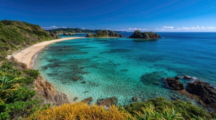 Obraz premium Beautiful tropical beach with clear turquoise water and lush green coast.