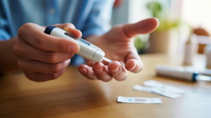 Checking Glucose Level: A person is checking glucose level using a blood glucose meter, healthcare and medical examination concept