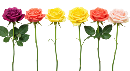 Seven vibrant roses (deep purple, sunny yellow, coral pink) with green stems and leaves, horizontally aligned on a transparent background with copy space, soft studio light, concept of natural