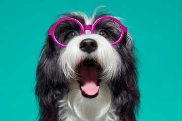 Fluffy domestic canine wears bright spectacles while panting excitedly against a solid background