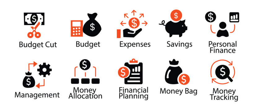 Budget icon set. Containing expense, money management, cash flow, savings, spending, income, allocation, cost estimate and more. Solid vector icons collection. 