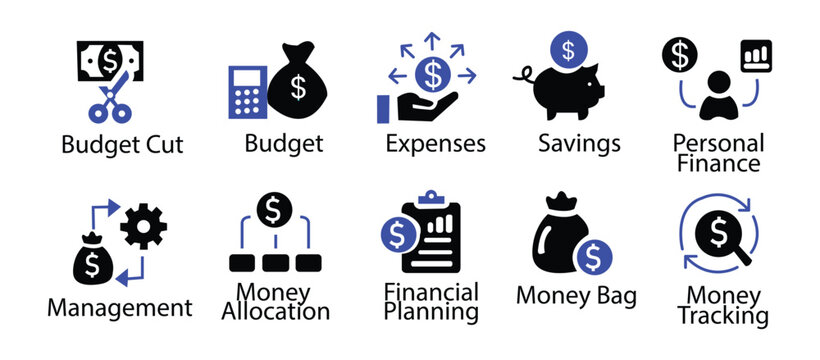 Budget icon set. Containing expense, money management, cash flow, savings, spending, income, allocation, cost estimate and more. Solid vector icons collection. 