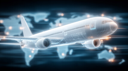 A wireframe commercial airplane flying over a global map representing aviation technology, worldwide connectivity and digital transportation systems.
