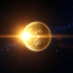 Fototapeta premium A luminous celestial body emitting radiant light in a vast cosmic expanse. Stars twinkle in the background creating a stunning deep-space scene