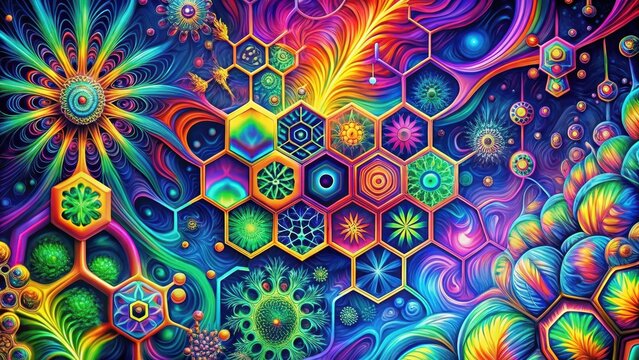 Detailed psychedelic pattern with hexahydrocannabinol molecules and colorful vape elements