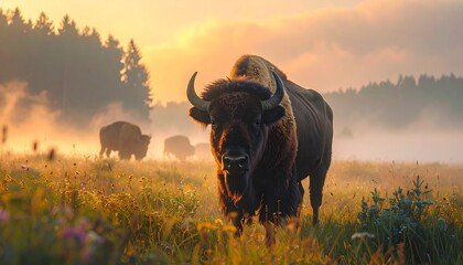Majestic bison herd grazing in golden misty meadow at sunrise wilderness