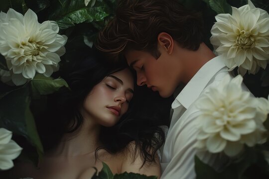 Young couple rests closely embraced amongst lush white flowers and dark foliage