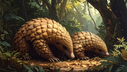Giant Armadillo Resting Peacefully in Dense Tropical Rainforest Habitat