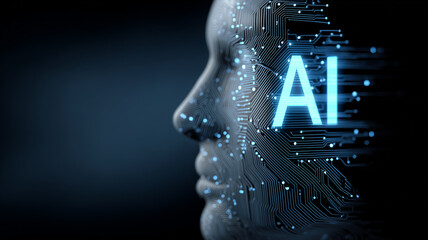 Human face profile formed by electronic circuits illustrating artificial intelligence cognition digital identity and human technology integration.
