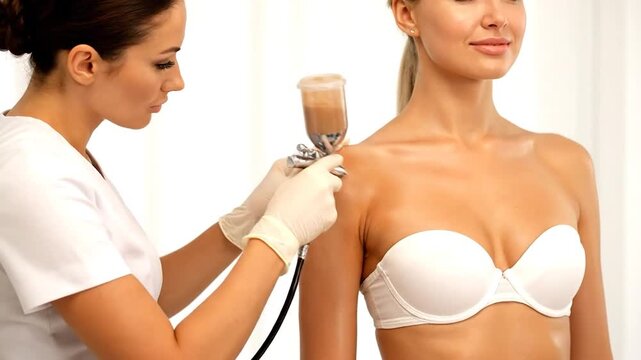 A woman gets spray-on tan by a professional. The process focuses on shoulder and chest area