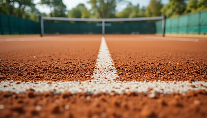 Outdoor Tennis Court on Sunny Day with Clay Surface and Scenic Tree Background