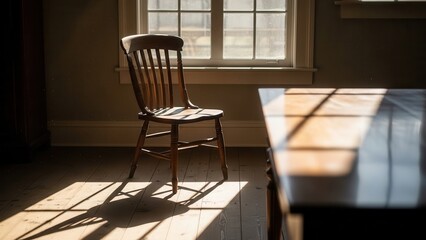 Vintage wooden spindle back windsor chair rests isolated in beam of bright sunlight illuminating dusty floorboards and casting deep exaggerated shadows against drab interior wall beside wide window