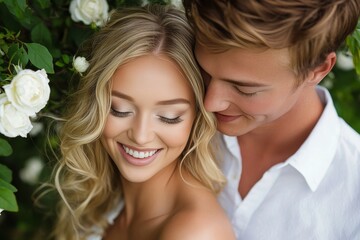Young romantic couple embraces intimately amidst blooming white roses outdoors