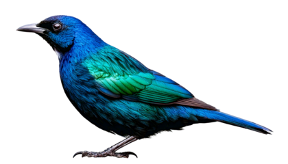  A New Zealand Tui bird with iridescent green blue feathers and white chest tuft, isolated on