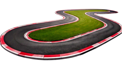 A winding asphalt race track with red and white curbs curving right isolated on a transparen.png
