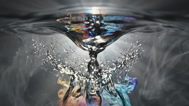 Gravitational force &mdash; a falling droplet of water suspended midair, camera tracking its descent in super slow motion, surrounding objects bending subtly toward it