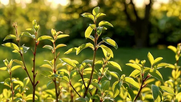 gentle 4K scene where sunlight softly filters through leaves of small shrub illuminating delicate structures and creating warm natural