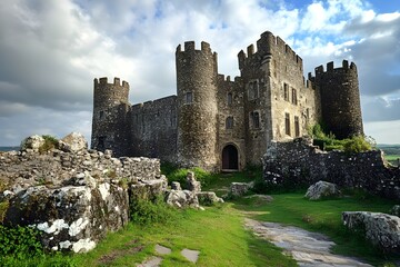 Ancient stone castle with round towers and cloudy sky