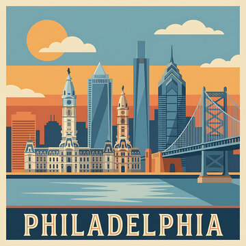 Philadelphia Skyline Retro Travel Poster Illustration.