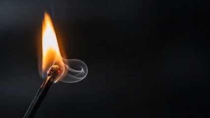 Ignited matchstick with bright orange flame and swirling white smoke against dark black background for concept of heat energy fire ignition starting point and creative inspiration visual metaphors